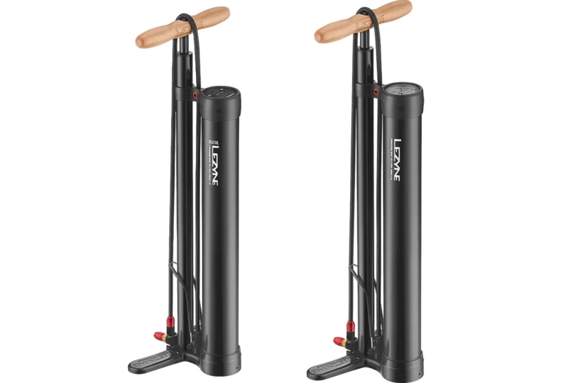 Two Lezyne Pressure Over Drive pumps in different colors standing side by side.