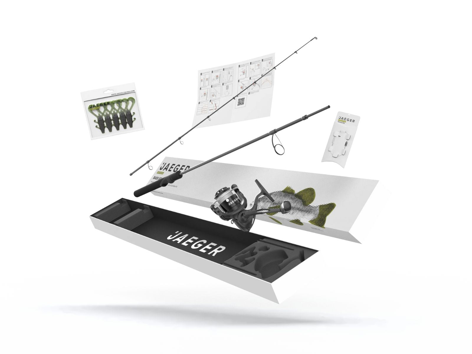 The JAEGER Bass Go Kit including rod, reel, and matching tackle.