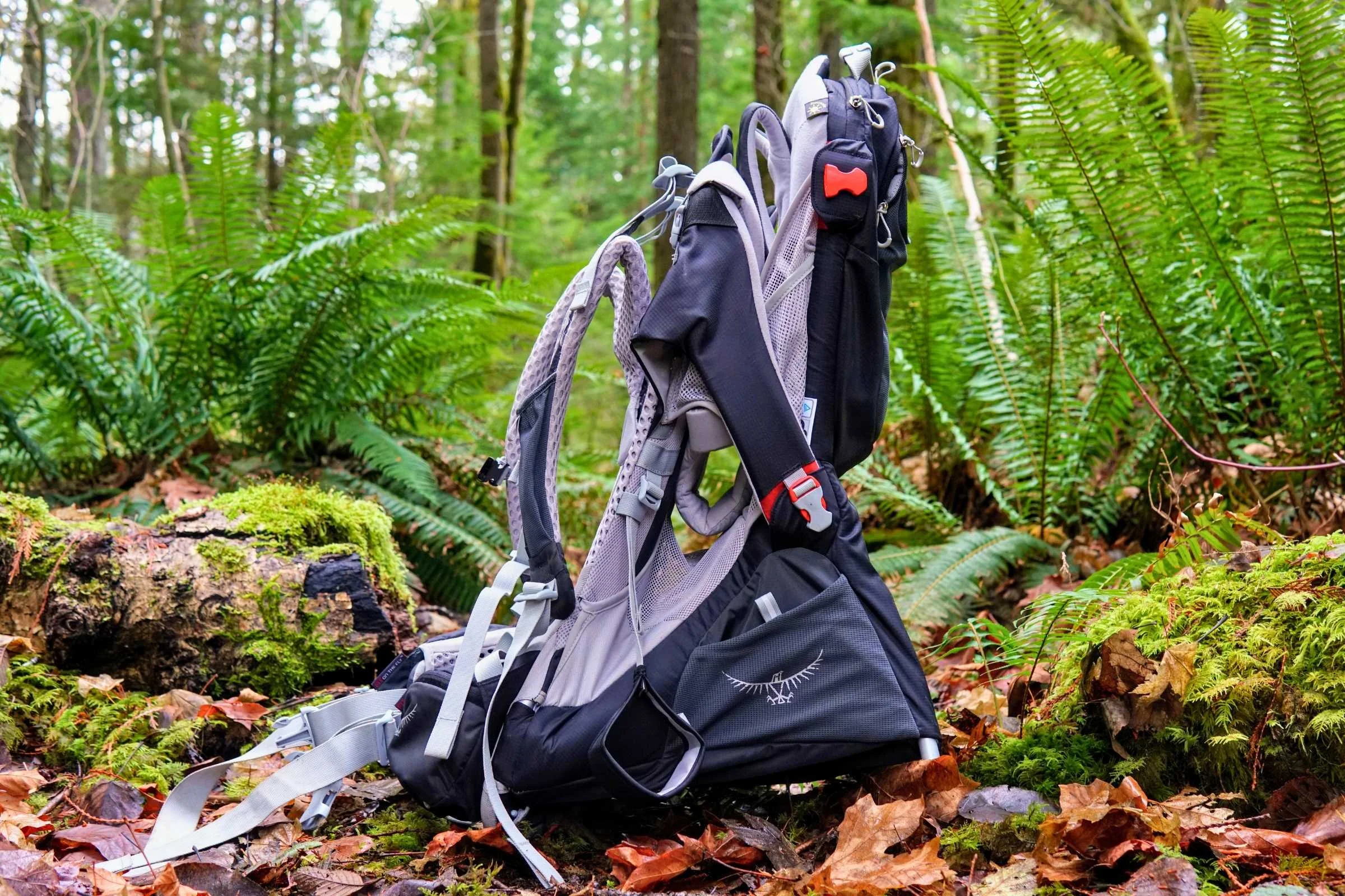 The Osprey Poco pack shown in its folded and condensed position for storage.