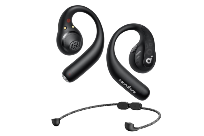 Soundcore AeroFit Pro open-ear headphones resting next to their charging case.