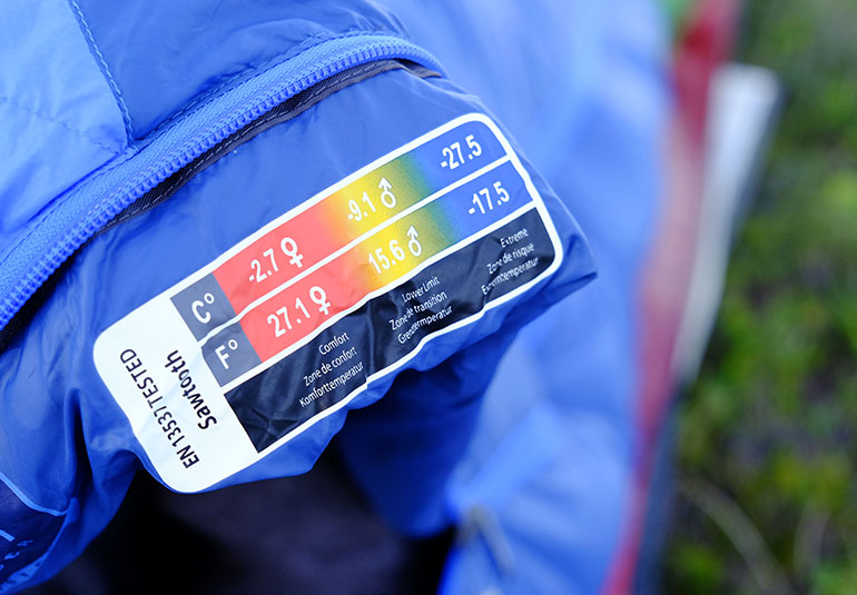Close-up of the ISO/EN temperature rating label showing Comfort, Lower Limit, and Extreme ranges.