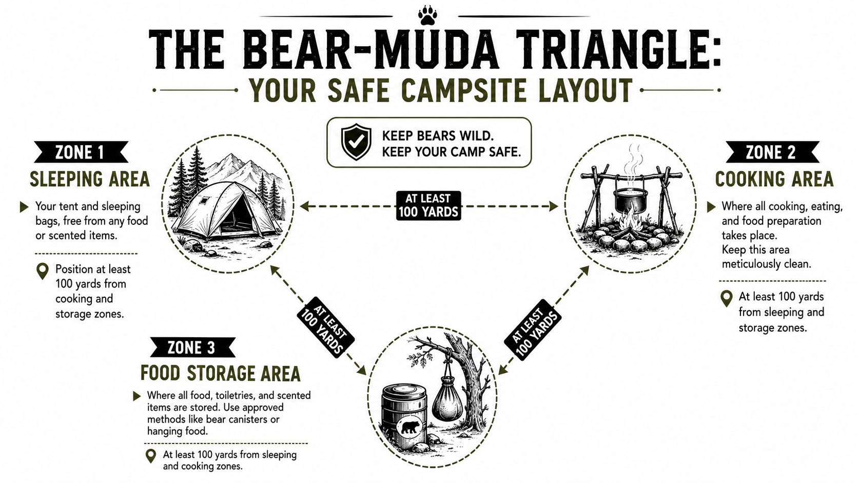 A diagram showing the triangular spacing between the sleeping area, cooking area, and food storage area.