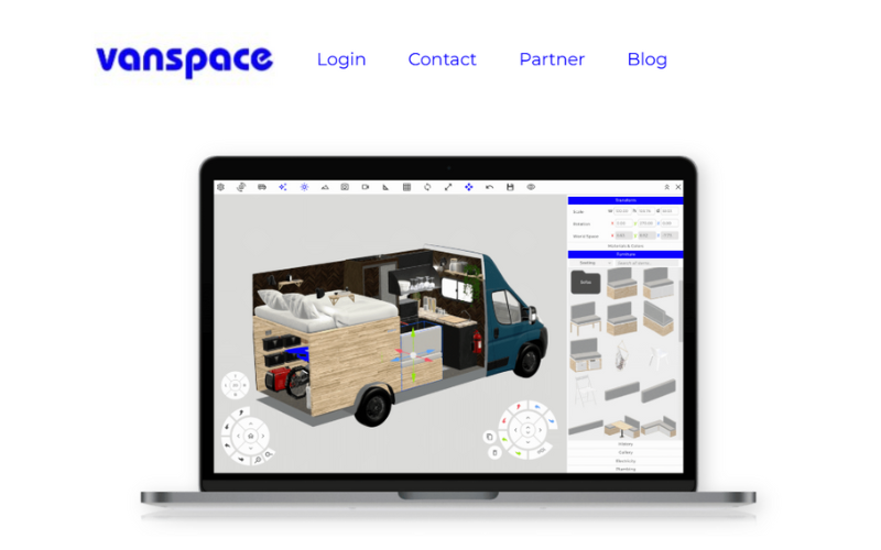 A computer screen showing a 3D CAD model of a campervan interior layout.