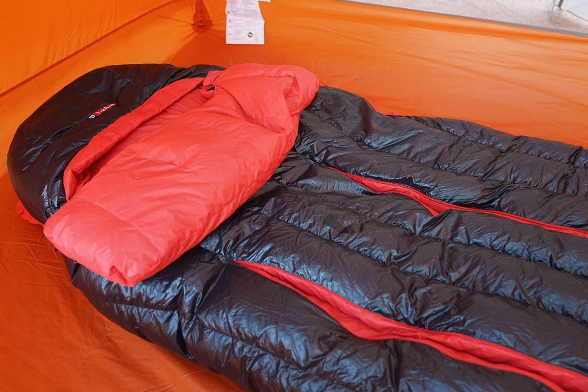 A Nemo sleeping bag showing the 'Thermo Gills' zippers used to regulate temperature and expand interior space.