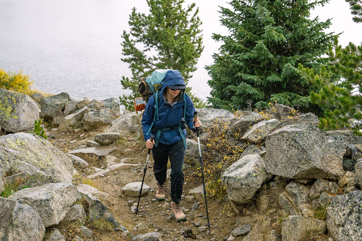 Aluminum trekking poles being used on a rugged backpacking trip