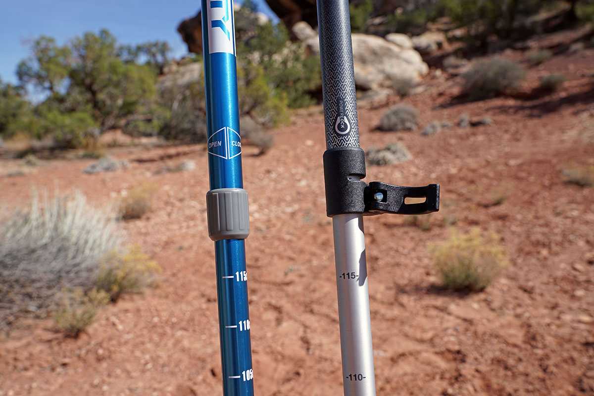 Side-by-side comparison of a lever lock and a twist lock mechanism on trekking poles