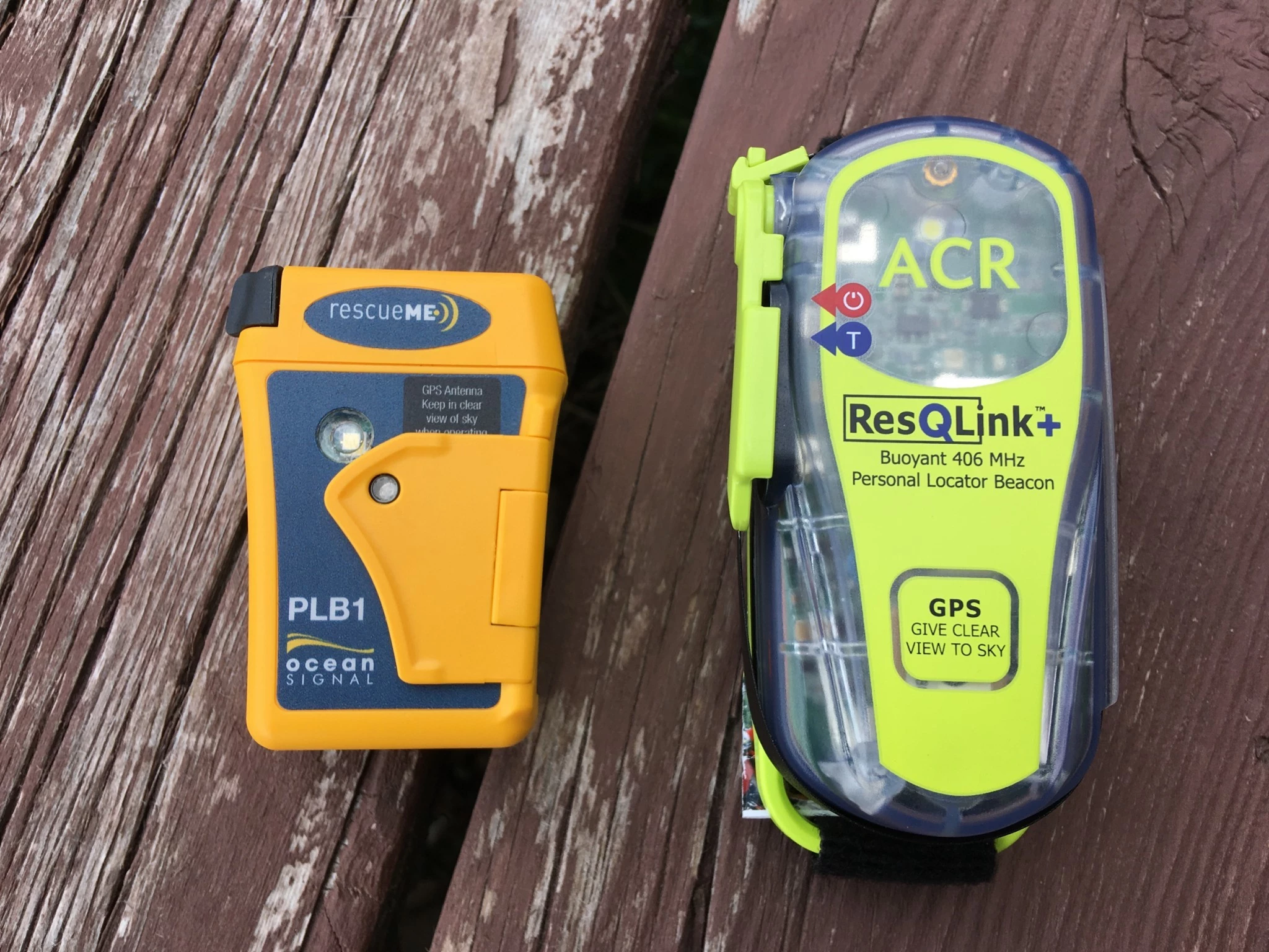 Size comparison of Ocean Signal and ACR ResQLink+ personal locator beacons.