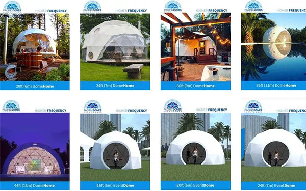 A white PVC geodesic dome tent by Pacific Dome set in an outdoor location.