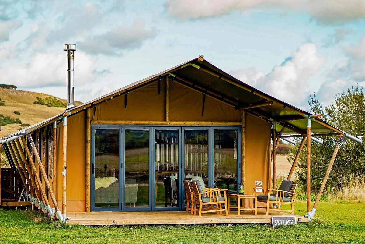 Safari-style canvas lodges at Wheatfields Glamping for family stays.