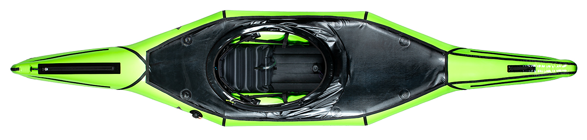 Side profile view of a lime-green Alpacka Aleutian packraft emphasizing its long, narrow hull.