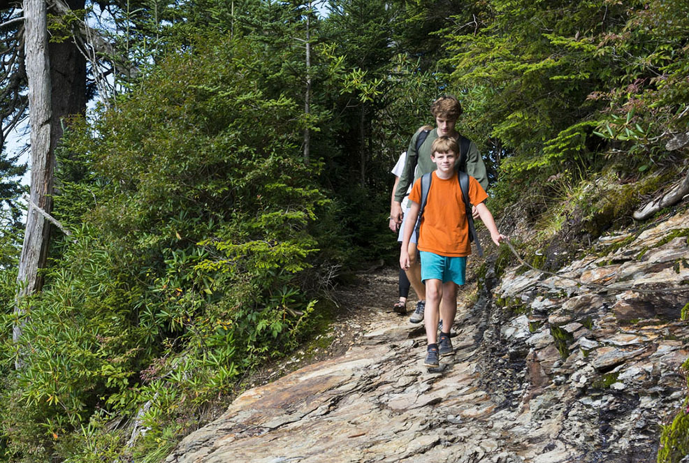 A group of hikers walking closely together on a clear mountain trail.