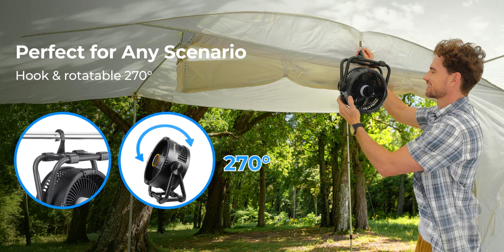 BougeRV F01 Rechargeable Fan with a hanging hook.