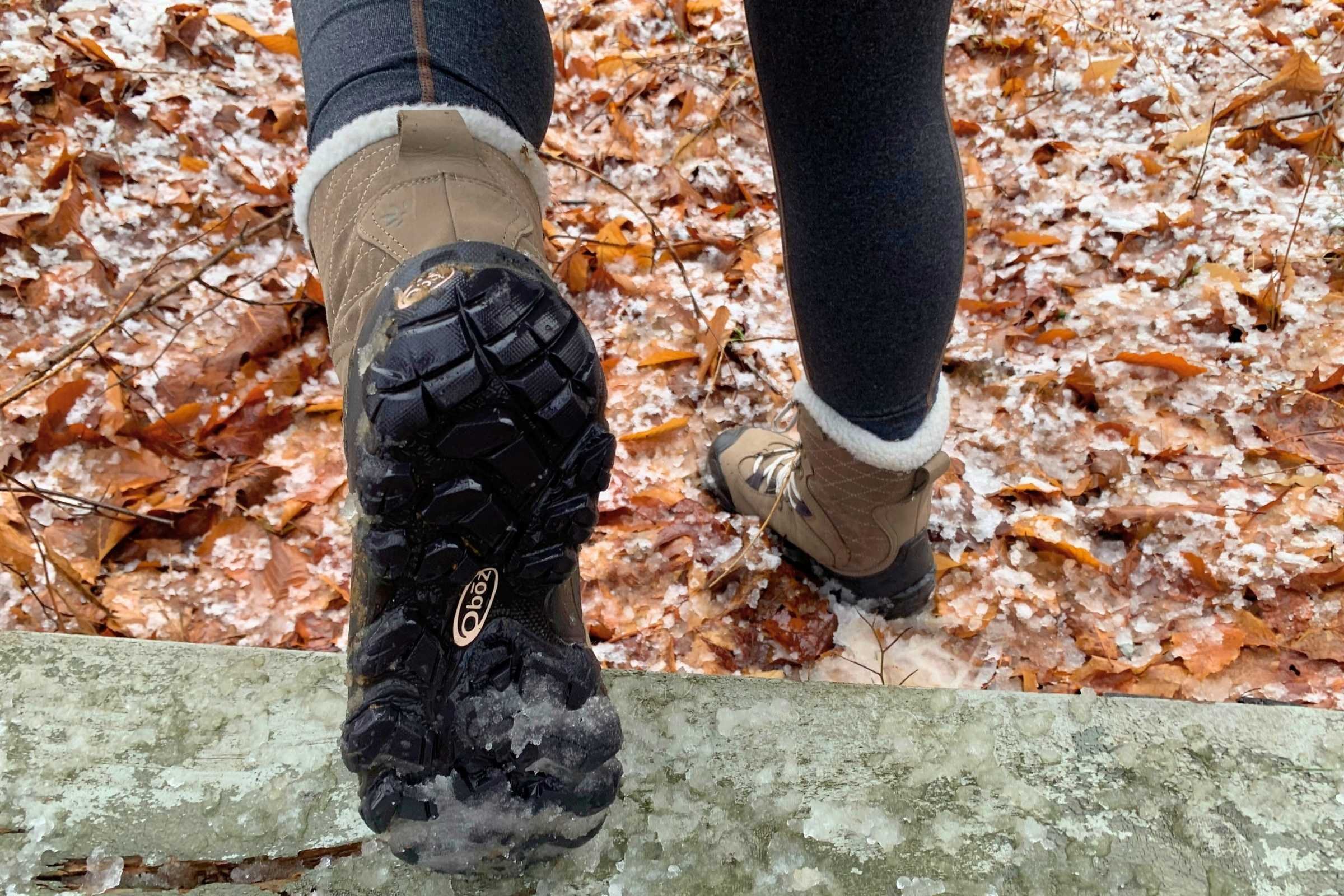 Detailed close-up of the Vibram sole on an Oboz Bridger boot showing the aggressive lug pattern.