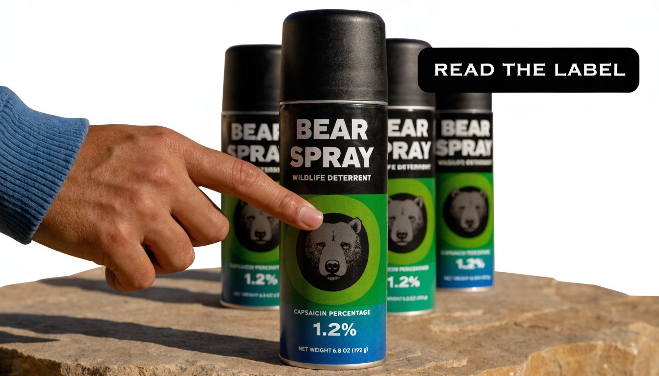Close-up of a bear spray label showing its active ingredients and safety instructions.