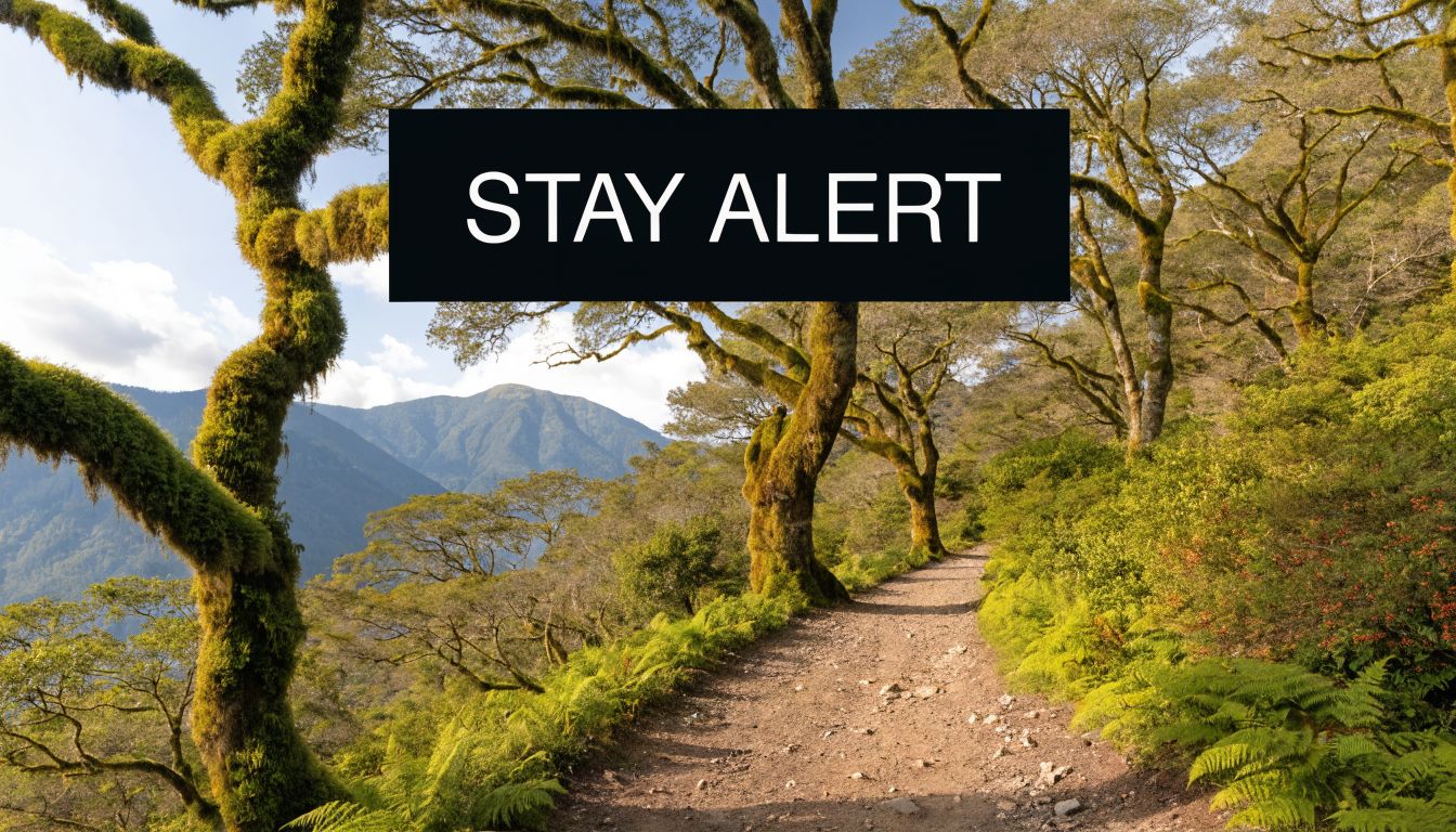 A dense green forest trail with a visible yellow warning sign about bear activity.
