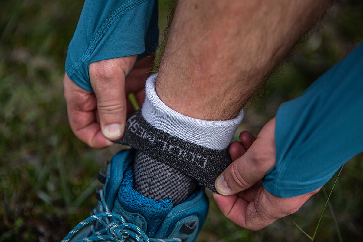 Close up of Wrightsock Coolmesh II socks showing the integrated two-layer construction.