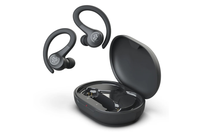 JLab GO Air Sport budget-friendly earbuds with blue ear hooks.