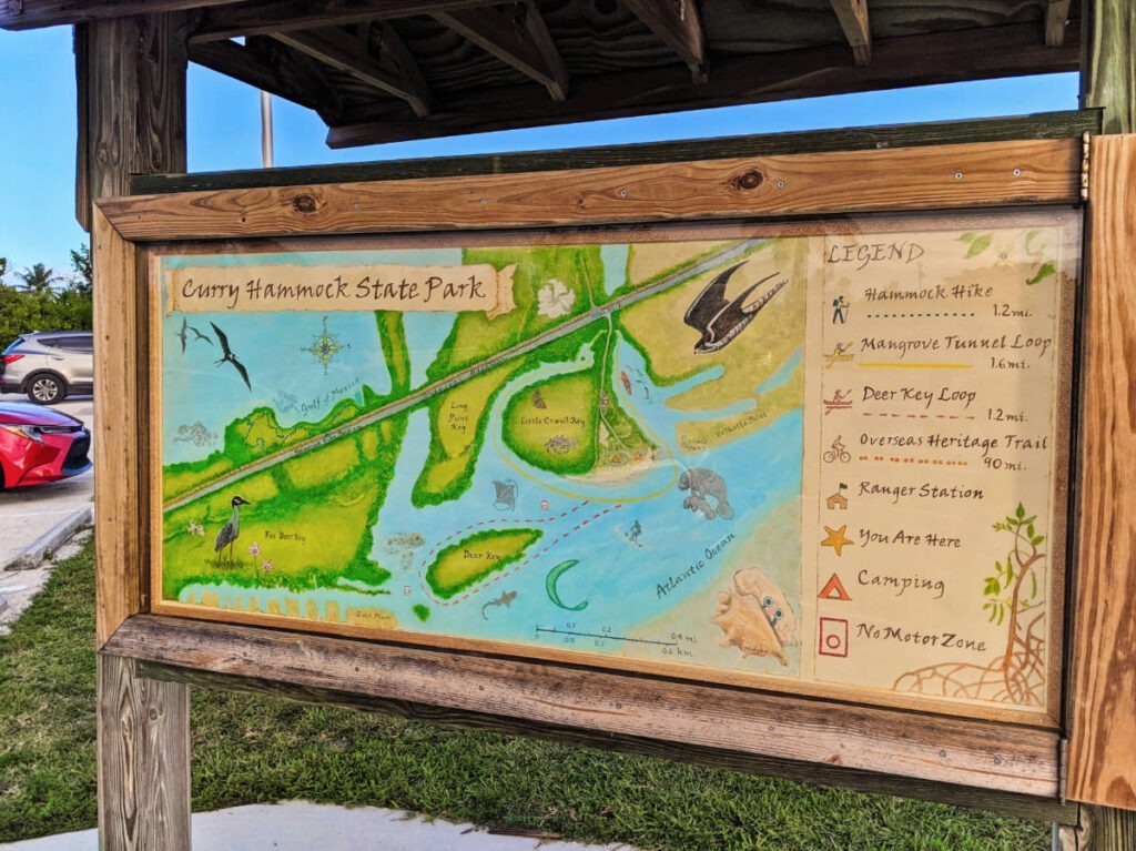 An illustrated map of Curry Hammock State Park showing paddling trails and the Little Crawl Key area.