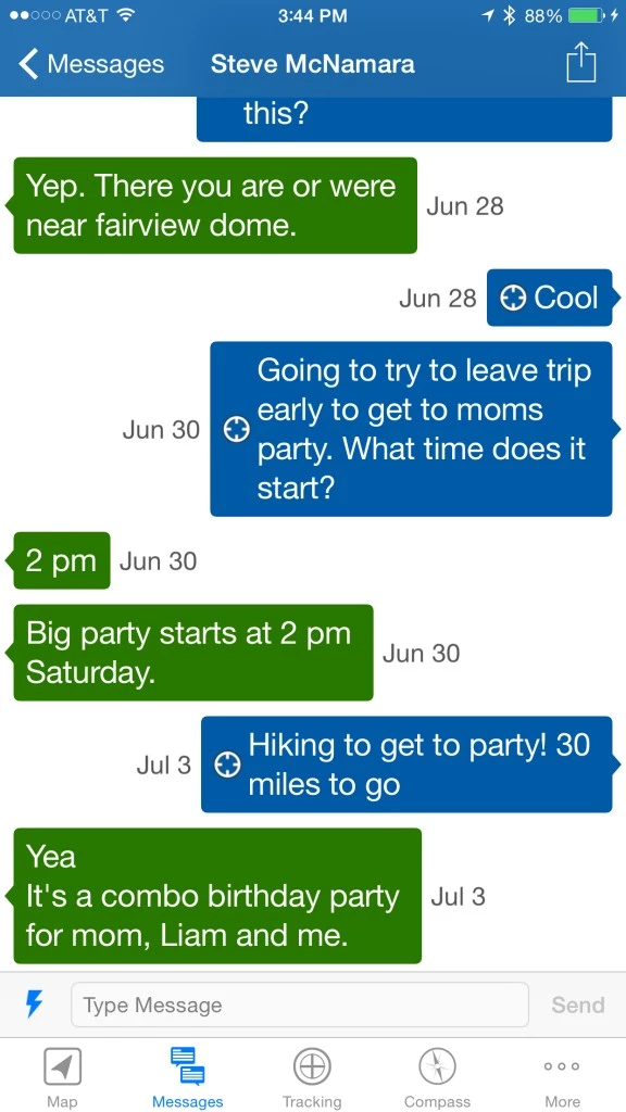 A digital interface showing satellite messaging on a smartphone paired with an inReach device.