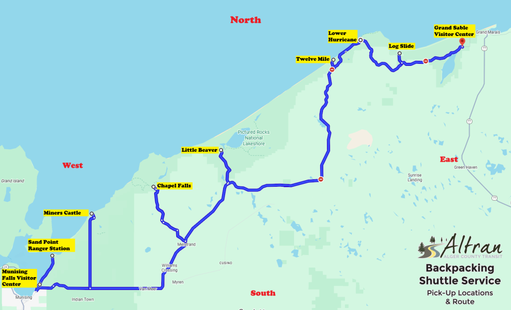 Route map showing the Altran shuttle stops along the 42-mile Lakeshore Trail.