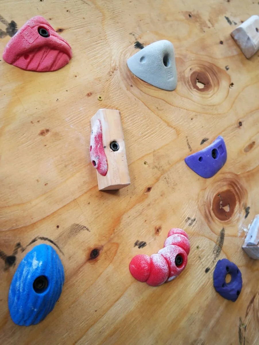 A close-up of colorful climbing holds bolted onto a textured wooden wall.