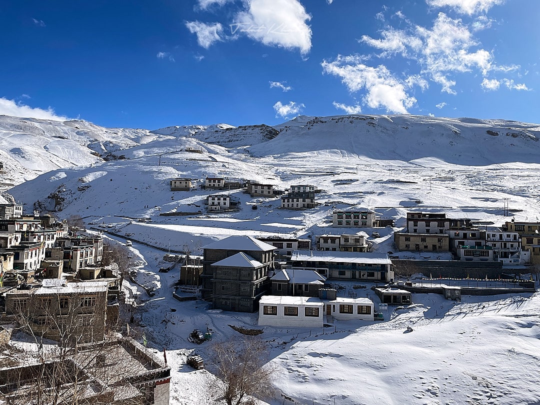 The remote and rugged village of Kibber set against steep Himalayan peaks.