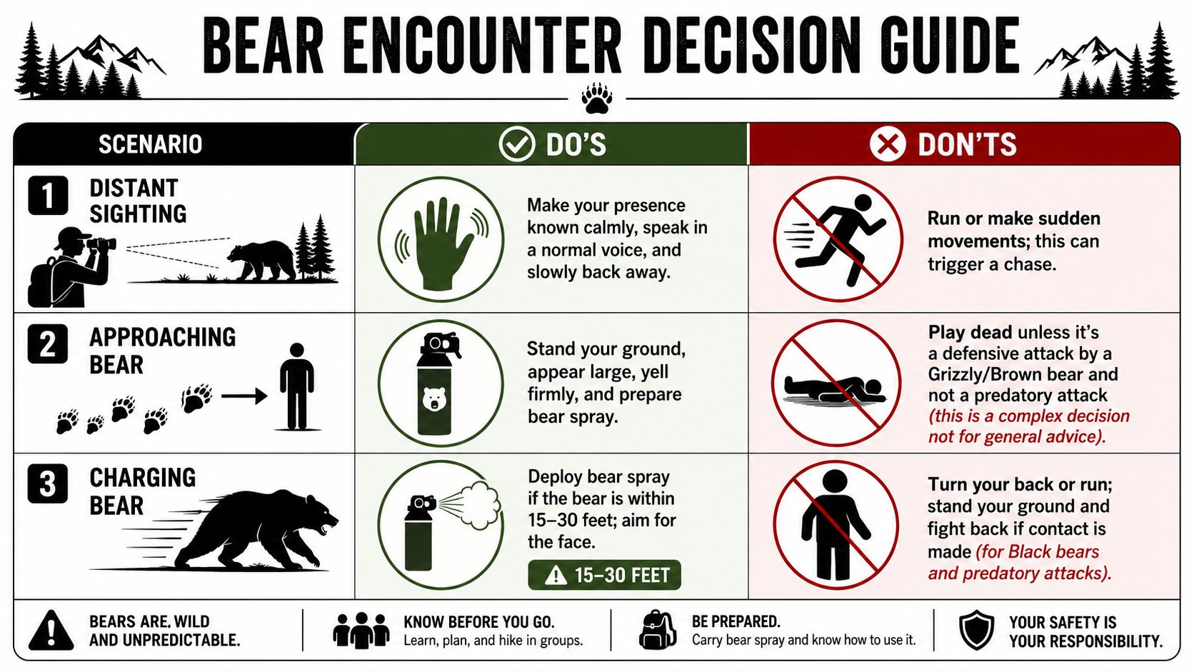 An infographic showing different bear behaviors and the correct human response for each scenario.