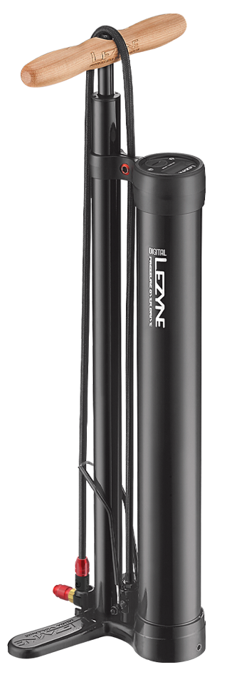 A black Lezyne Digital Pressure Over Drive pump with a digital display gauge.