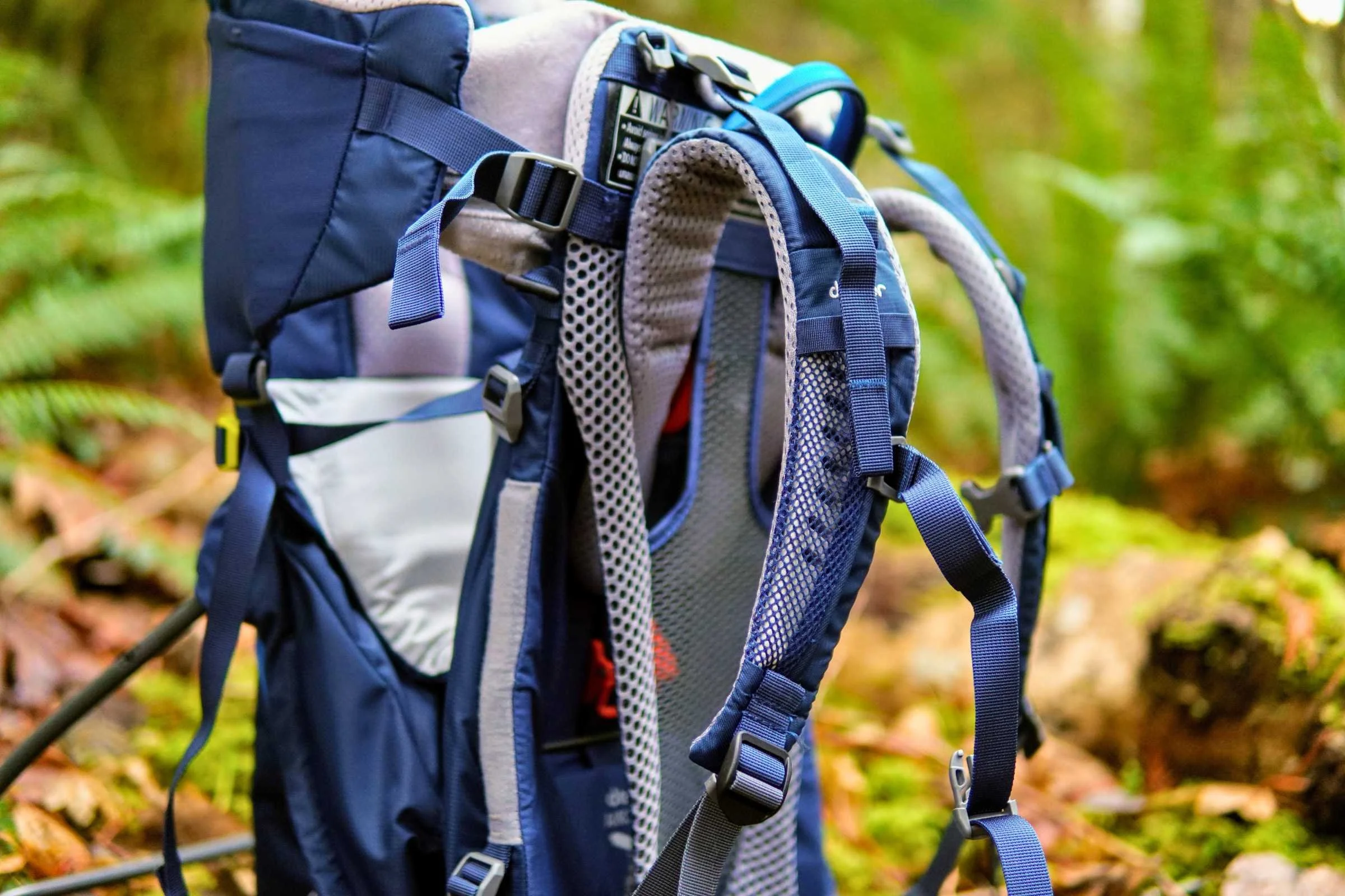 Macro view of the padded 5-point safety harness system on the Deuter Kid Comfort.