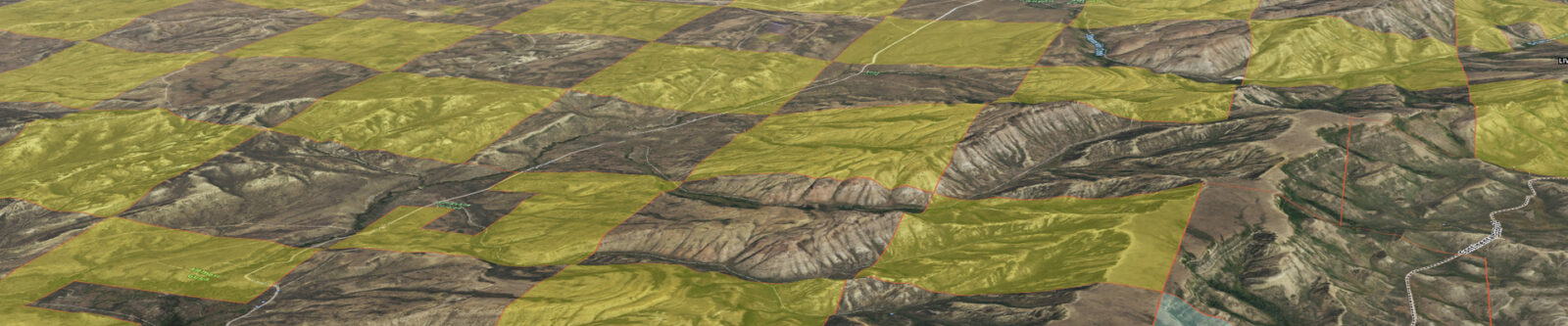 A 3D terrain visualization depicting accessible and inaccessible public land parcels.