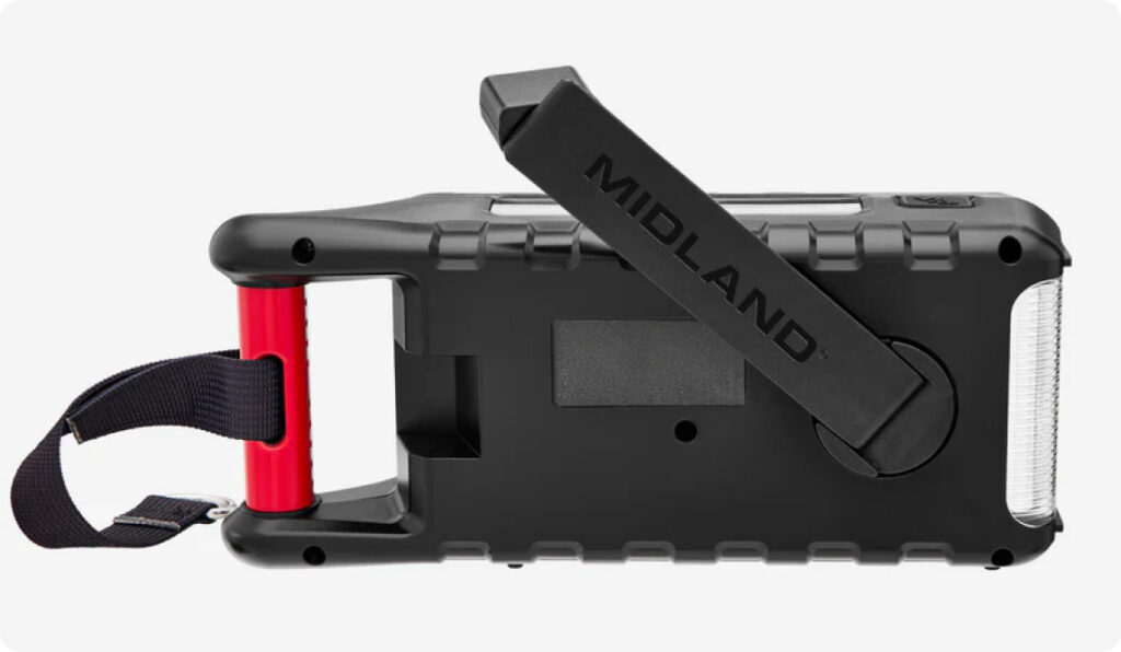 Close-up of the Midland ER310PRO hand crank arm being deployed.